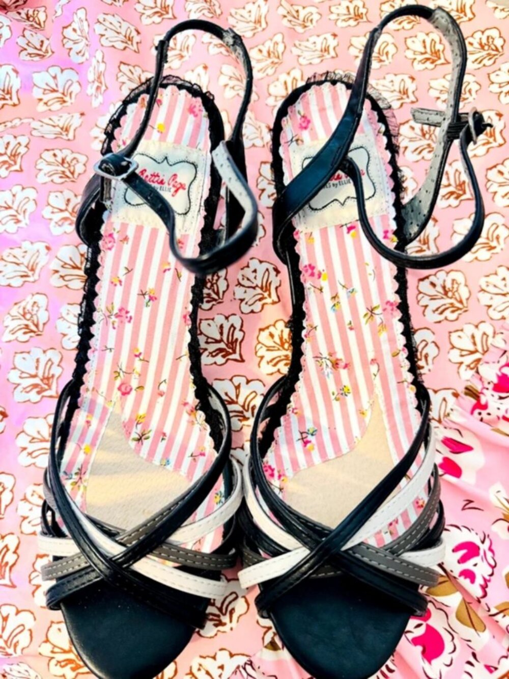 Bettie Page Black and White Strappy Floral-Insole Slingback Heels